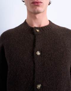 Model wearing Crew neck cardigan in brown
