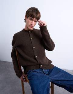 Model wearing Crew neck cardigan in brown