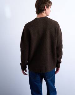 Model wearing Crew neck cardigan in brown