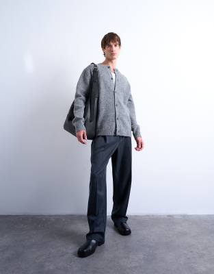 Topman Crew Neck Cardigan In Gray