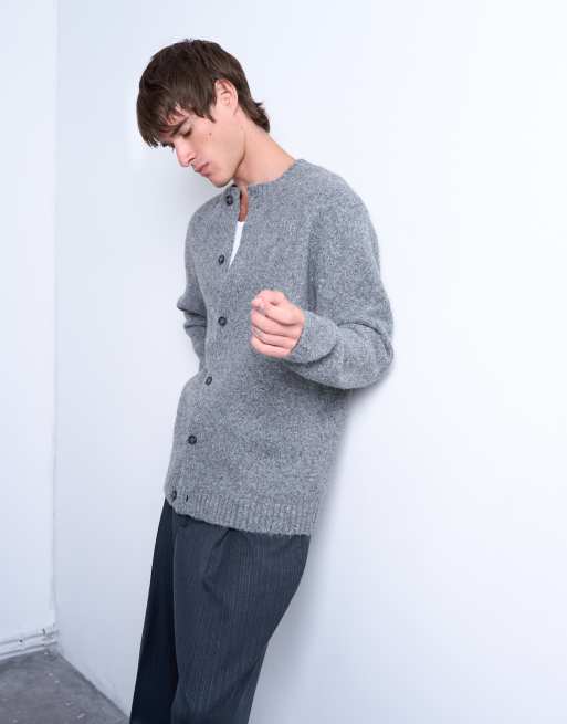 Topman crew neck cardigan in gray