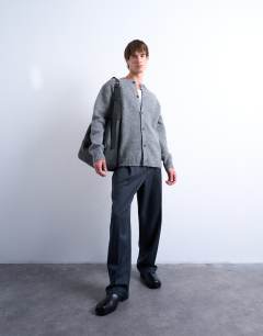 Model wearing Crew neck cardigan in grey