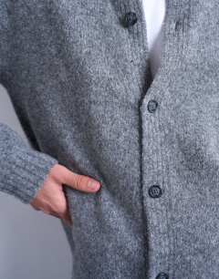 Model wearing Crew neck cardigan in grey