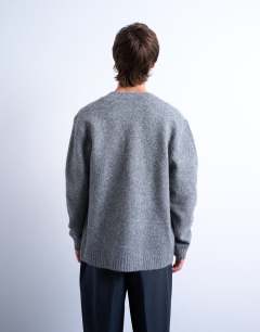 Model wearing Crew neck cardigan in grey