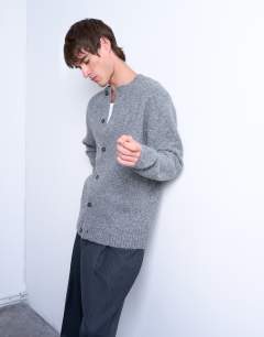 Model wearing Crew neck cardigan in grey