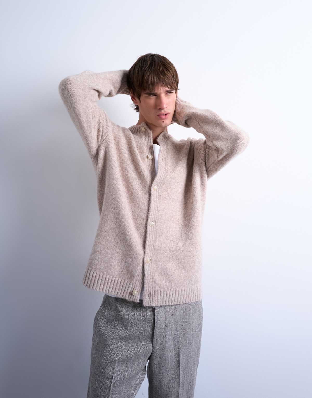 Topman crew neck cardigan in stone