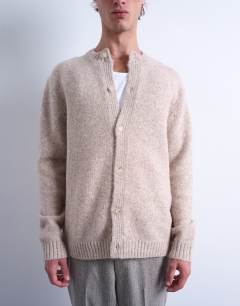 Model wearing Crew neck cardigan in stone
