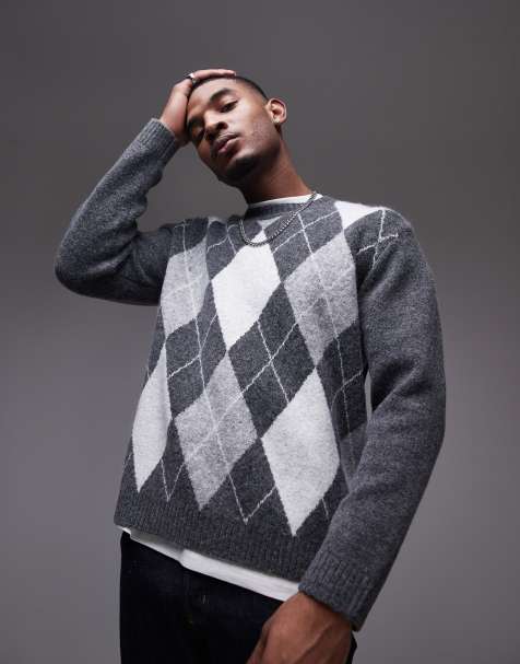 Topman crew sweater in gray & white argyle - view 1
