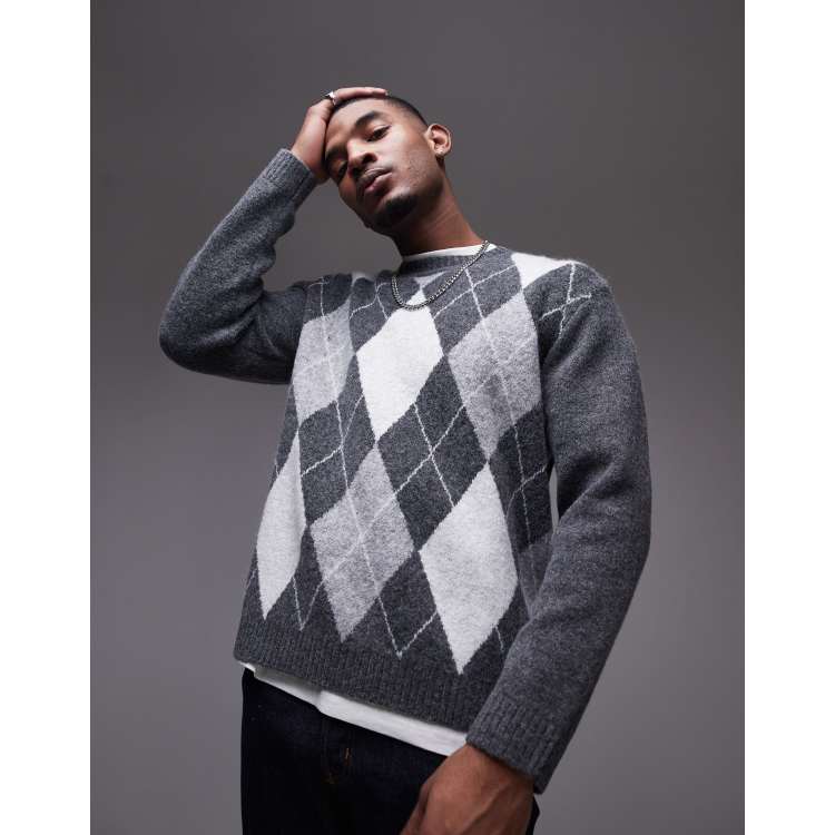 Topman crew sweater in gray & white argyle | ASOS