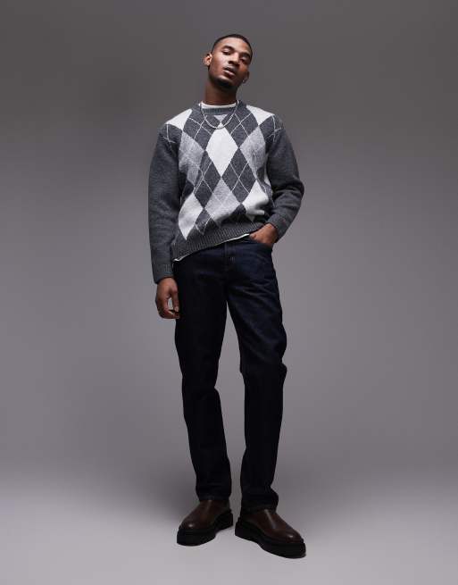 Topman crew sweater in gray & white argyle | ASOS