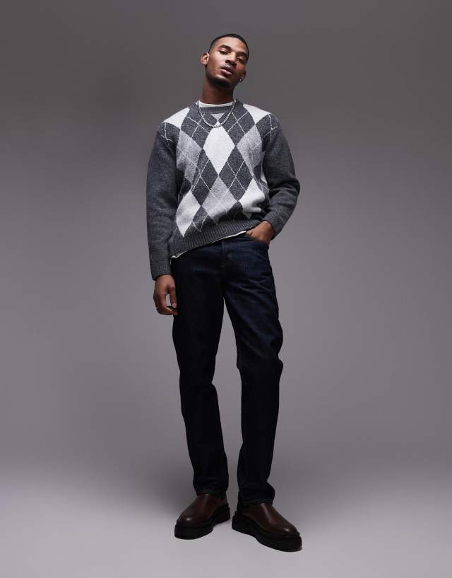 Topman crew sweater in gray & white argyle | ASOS