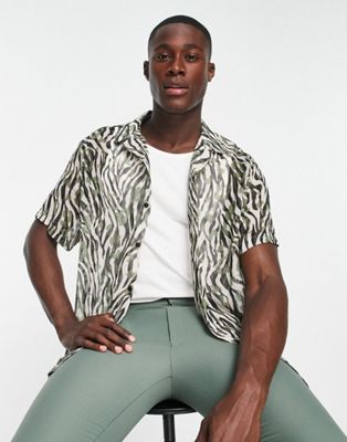 Topman crinkle sheer shirt with deep revere in khaki zebra print
