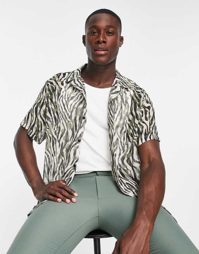 Topman crinkle sheer shirt with deep revere in khaki zebra print