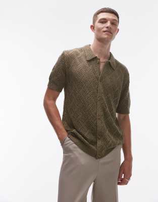 Topman Crochet Button Through Shirt In Khaki-green