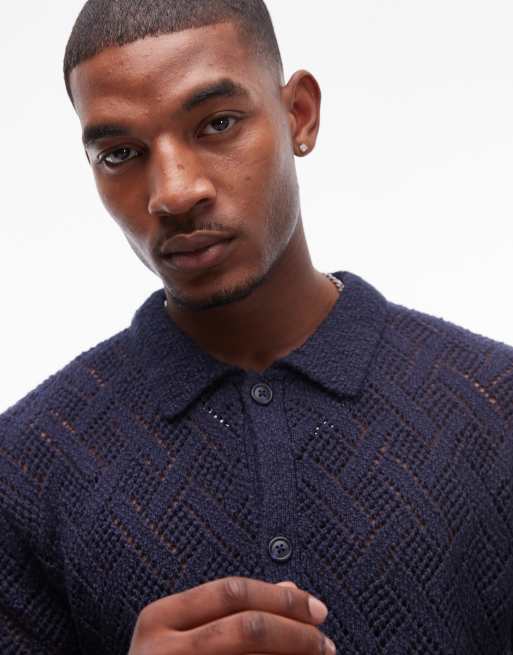 Topman crochet button through shirt in navy | ASOS