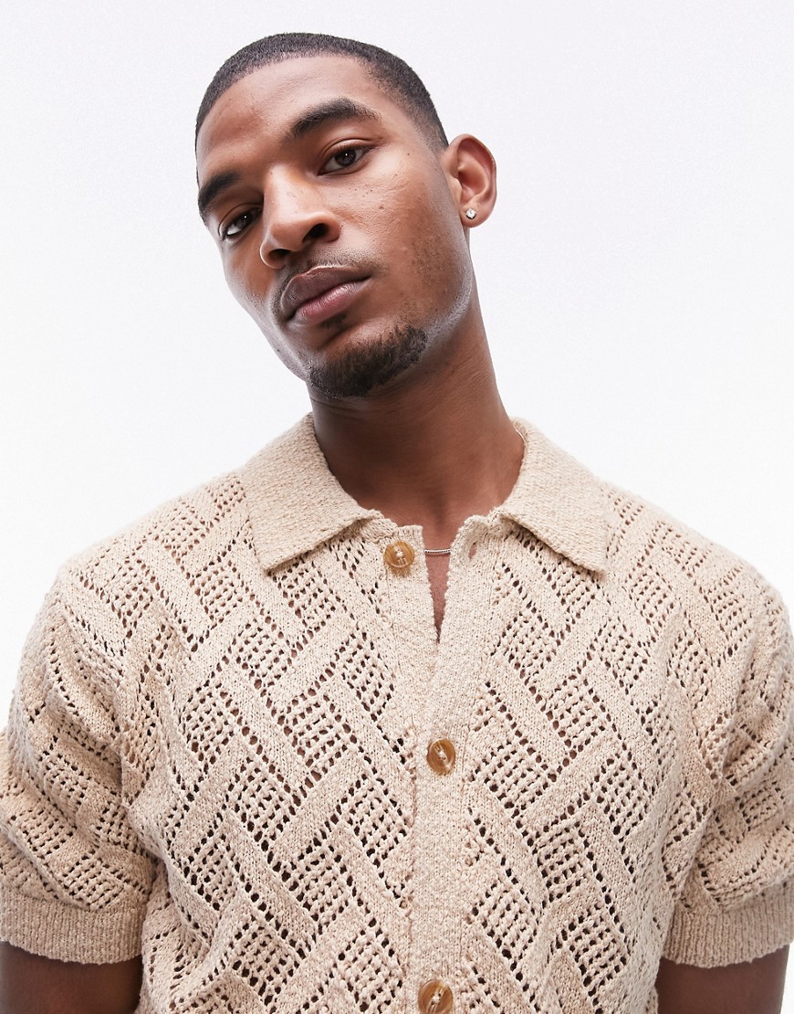 Topman crochet button through shirt in stone-Neutral