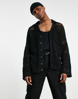Topman crochet cardigan with revere collar in black