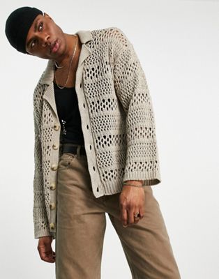 Topman crochet cardigan with revere collar in ecru
