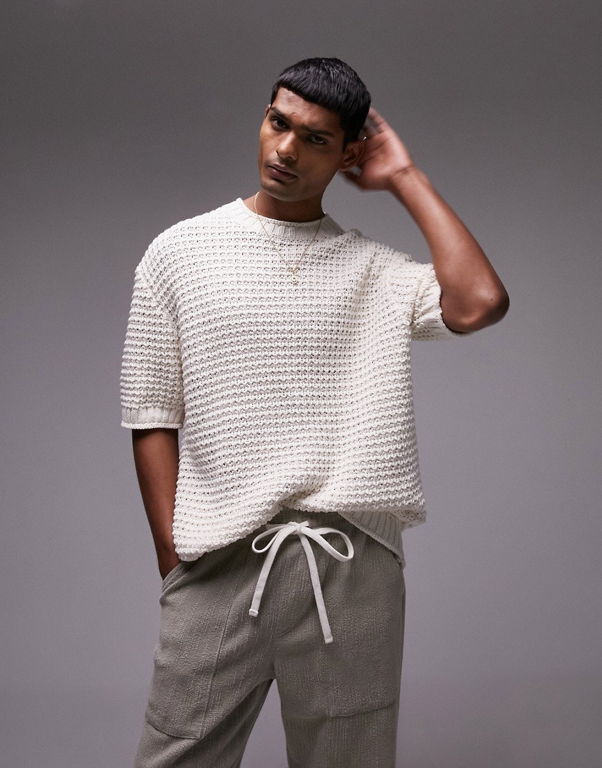 Topman crochet knit t-shirt in ecru-White