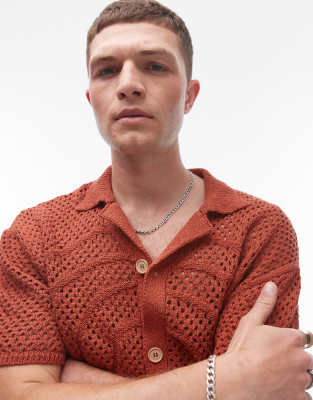 Topman crochet polo shirt in rust-Orange