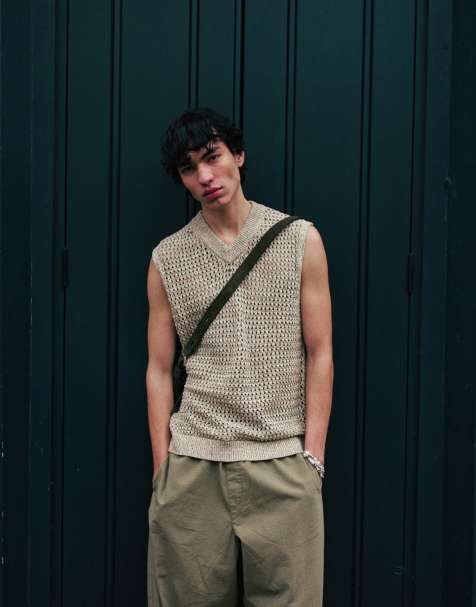 Topman crochet twist yarn vest in stone - view 1