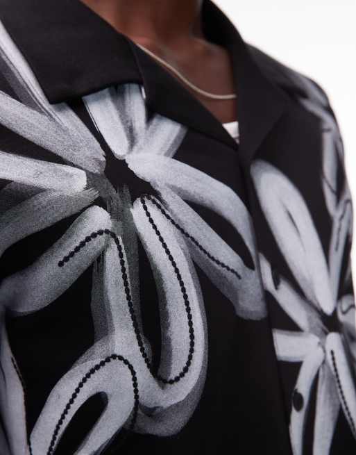 Topman boxy fit button up jersey shirt with floral print in black