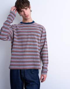 Model wearing Crop fit long sleeve t-shirt in multi stripe