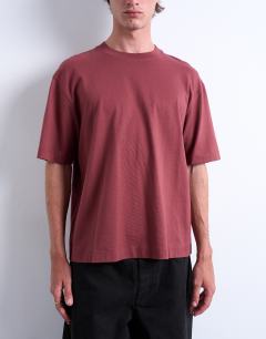 Model wearing Crop fit t-shirt in burgundy