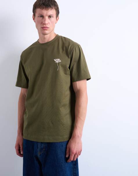 Topman crop fit T-shirt with floral embroidery in khaki - view 1