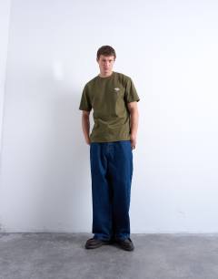 Model wearing Crop fit t-shirt with floral embroidery in khaki