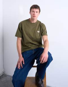 Model wearing Crop fit t-shirt with floral embroidery in khaki