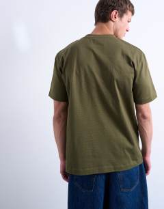Model wearing Crop fit t-shirt with floral embroidery in khaki