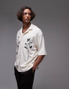 Crop fit textured button through jersey shirt with floral embroidery in ecru