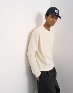 Cropped fit long sleeve heavyweight waffle t-shirt in ecru