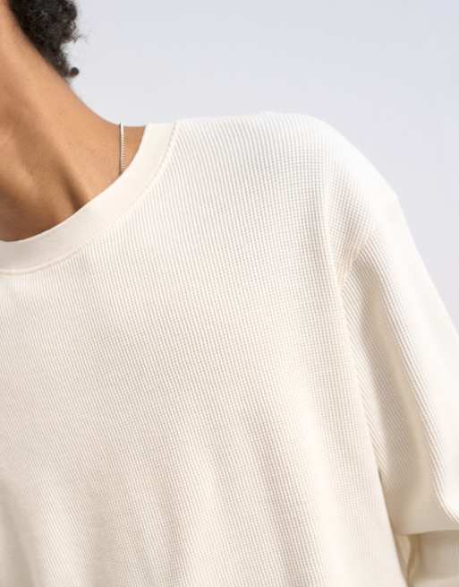 Topman cropped fit long sleeve heavyweight waffle t-shirt in ecru, 3 of 5