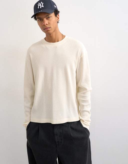 Topman cropped fit long sleeve heavyweight waffle t-shirt in ecru, 4 of 5