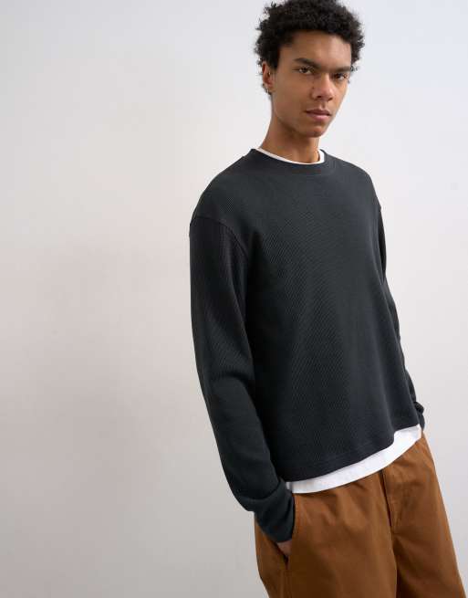 Topman cropped fit long sleeve heavyweight waffle T-shirt in washed black, 5 of 5