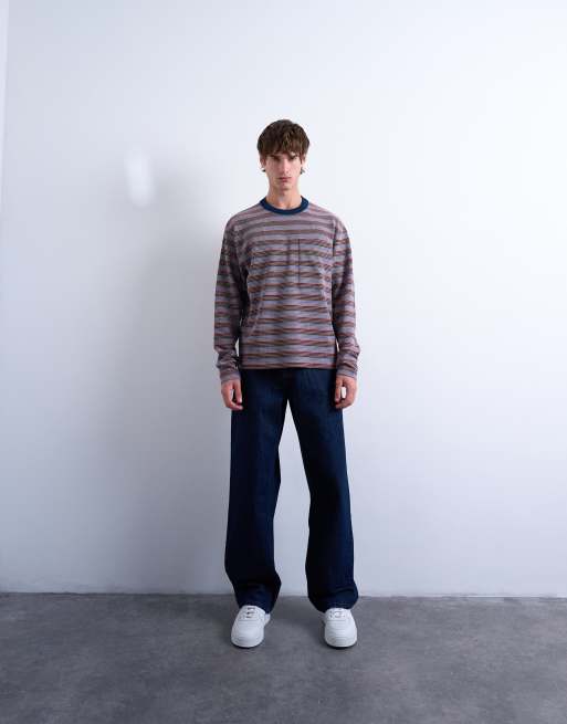Topman cropped fit long sleeve t-shirt in multi stripes