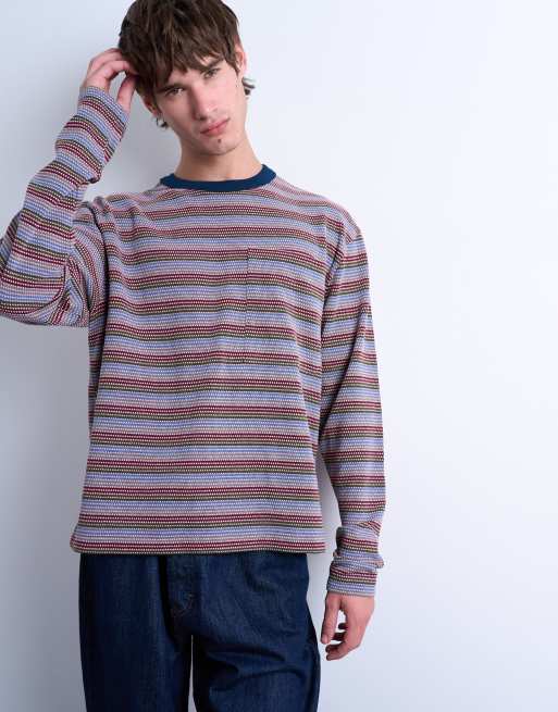 Topman cropped fit long sleeve t-shirt in multi stripes