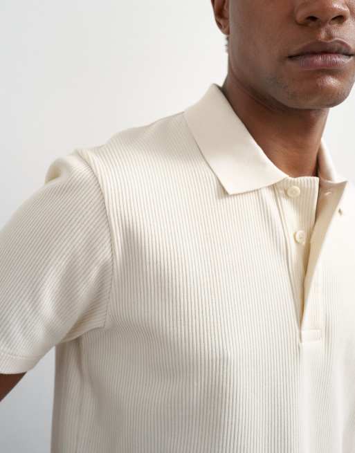 Topman cropped fit ribbed polo shirt in cream, 2 of 5