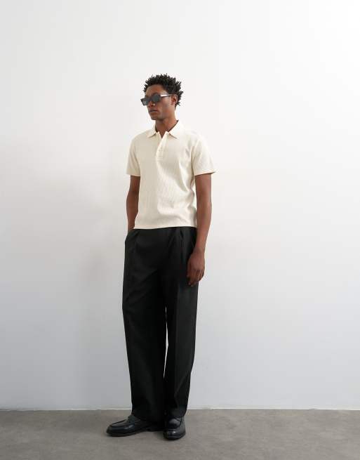 Topman cropped fit ribbed polo shirt in cream, 3 of 5
