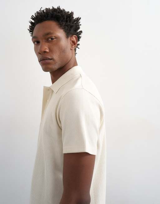 Topman cropped fit ribbed polo shirt in cream, 4 of 5