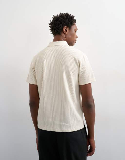 Topman cropped fit ribbed polo shirt in cream, 5 of 5