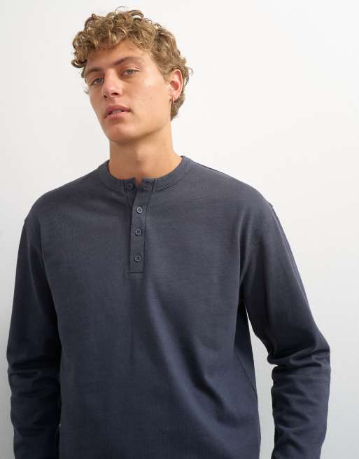 Topman Cropped-Henley in Slate mit Relaxed Fit und schwerem Slub-Material, offene Kanten, 3 von 5