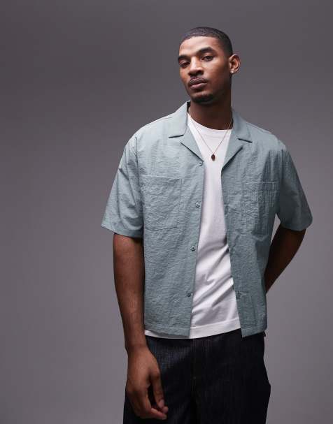Topman - Cropped technisch overhemd met korte mouwen en rechte pasvorm in groen - view 1