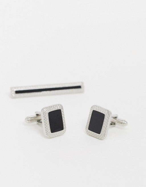 Topman cufflink and collar tip set in silver with black enamel and diamante detail
