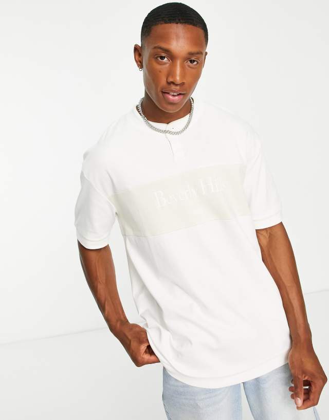 Topman cut and sew button T-shirt with Beverly Hills print in white