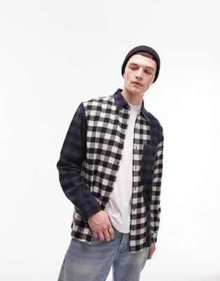 Topman cut and sew check shirt in navy and black