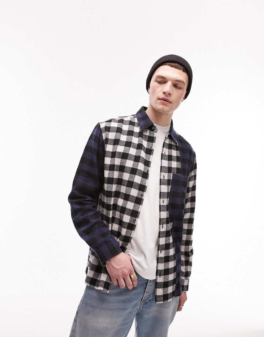 Topman cut and sew plaid shirt in navy and black-Multi