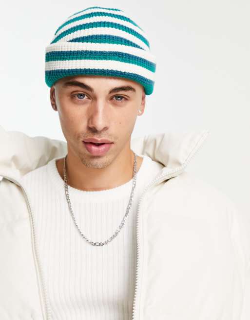 Topman – Czapka beanie w paski w kolorach turkusowym i zielonym z mieszanki poliestru – MGREEN
